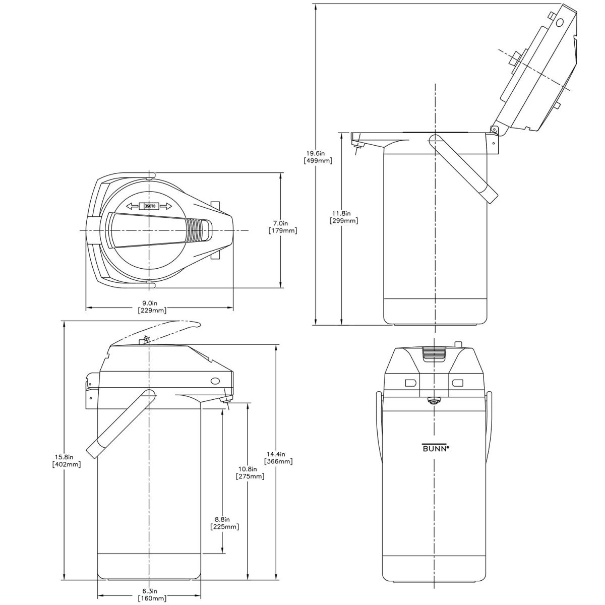 Bunn 3.0 Liter Airpot, Stainless Steel Body & Liner, Lever Pump